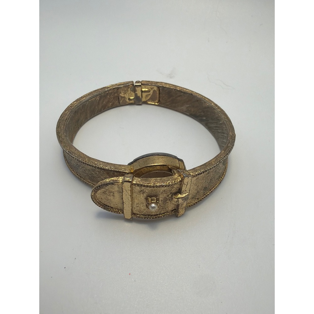 Vintage Hawthorne Swiss Made Belt Buckle Bangle Watch Gold Tone Pearl Accent